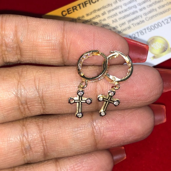 10k solid gold best selling dangling  cross hoop earrings, 100% real gold Sale! - Picture 6 of 7